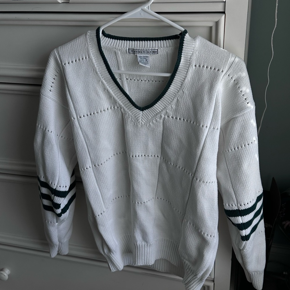 Izod Club White V-Neck Knit Sweater with Green Trim